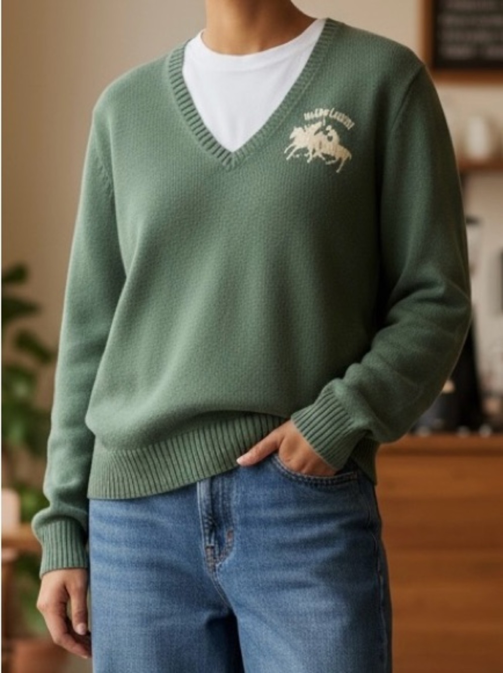 Ralph Lauren Sport Sage Green Cotton Knit V Neck Sweater Size XL EUC